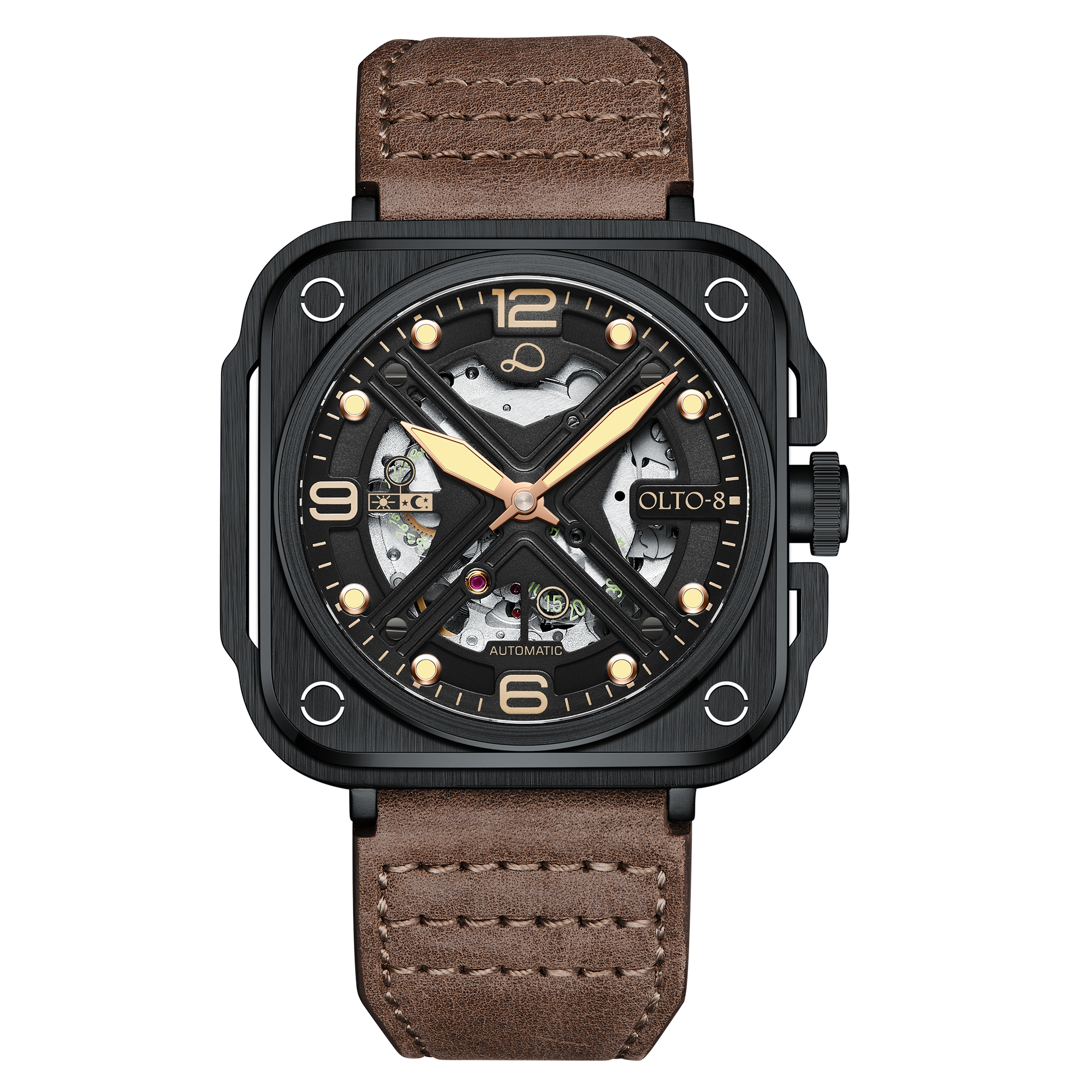 OLTO-8 IRON-X Square Skeleton Automatic Watch Brown