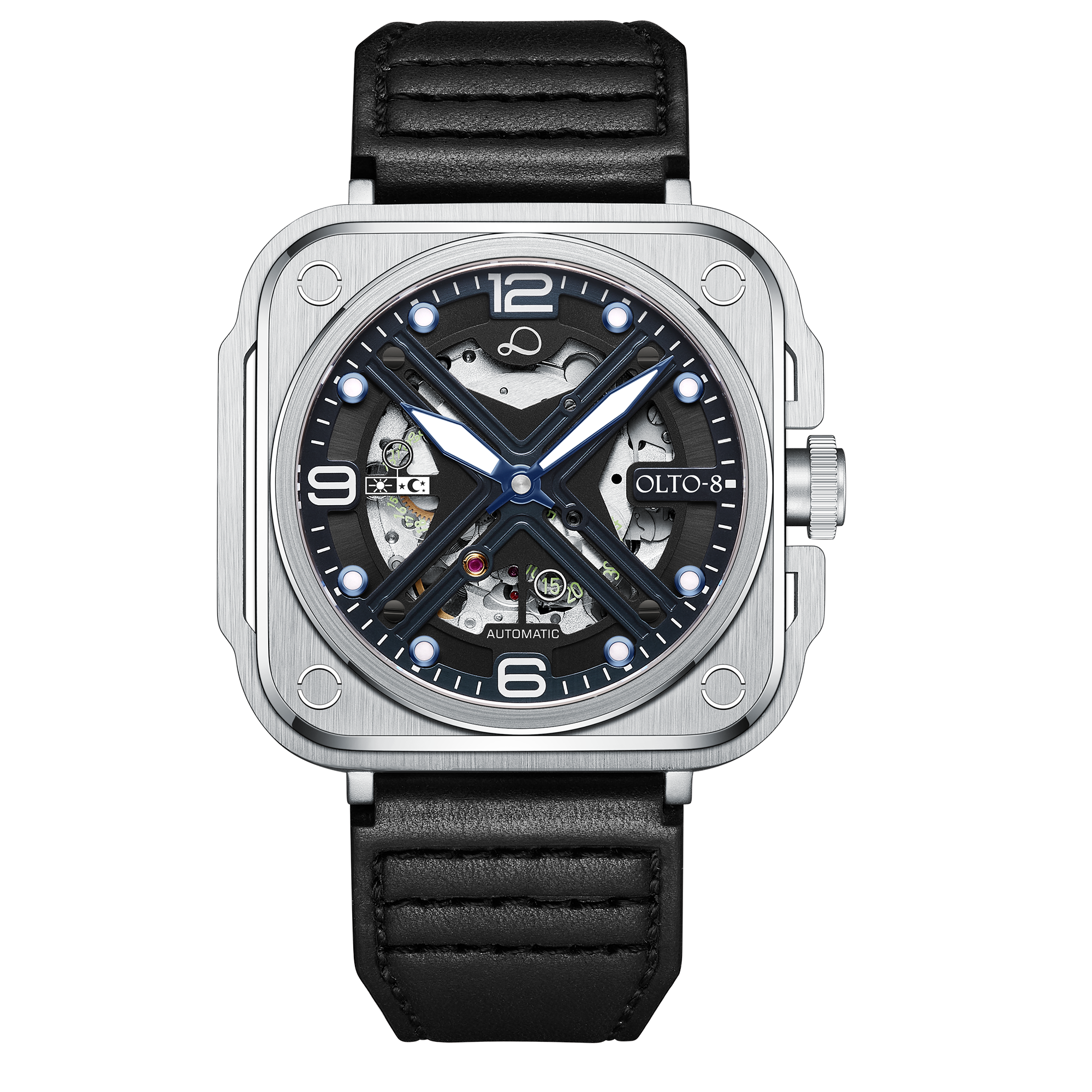 OLTO-8 IRON-X Square Skeleton Automatic Watch Silver