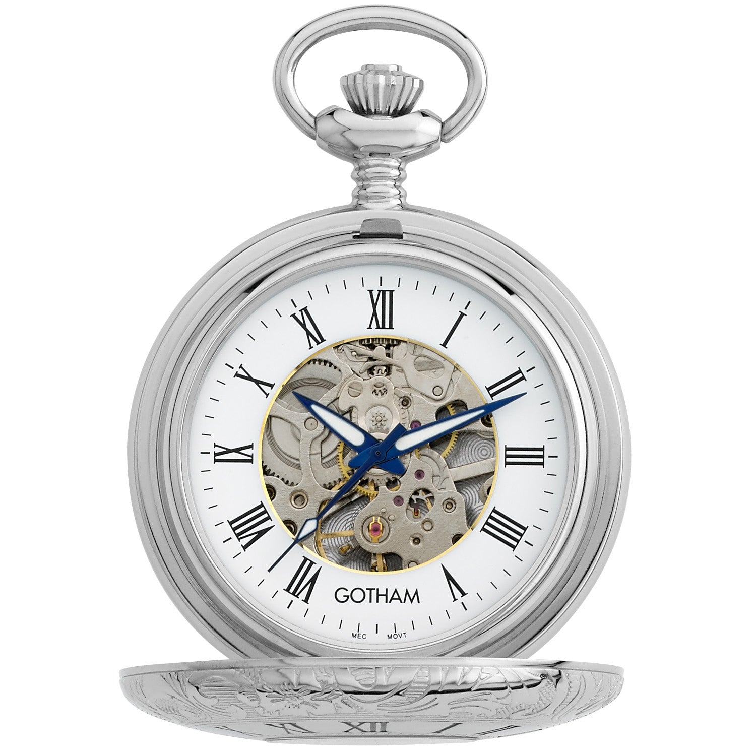 Gotham Men's Silver-Tone 17 Jewel Mechanical Exhibition Pocket Watch