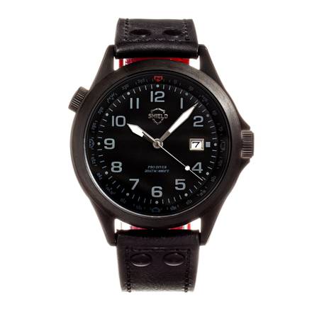 Shield Palau Leather-Band Men's Diver Watch w/Date - Black